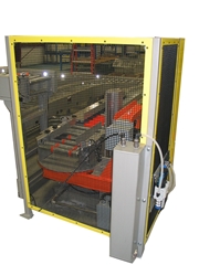 The Case Lift and Rotate unit positions product for discharge onto MDR conveyor.