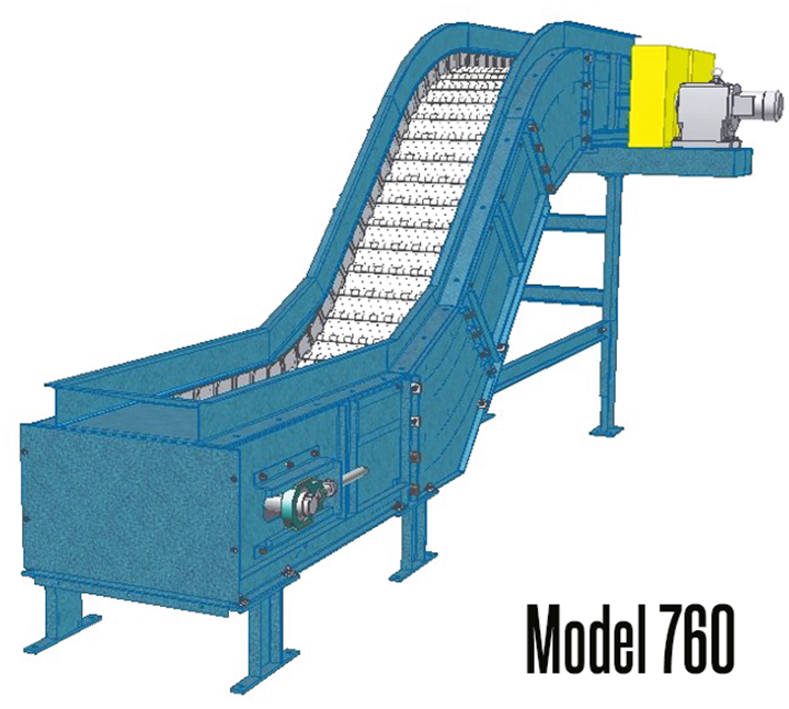 New London Engineering Model 760 SteelTrak™ 6″ Pitch Hinged Steel Belt Conveyor is excellent for carrying die castings, stampings, forgings, steel scrap, metal parts as well as conveying oily parts from punch presses & forging machines to drums or hoppers