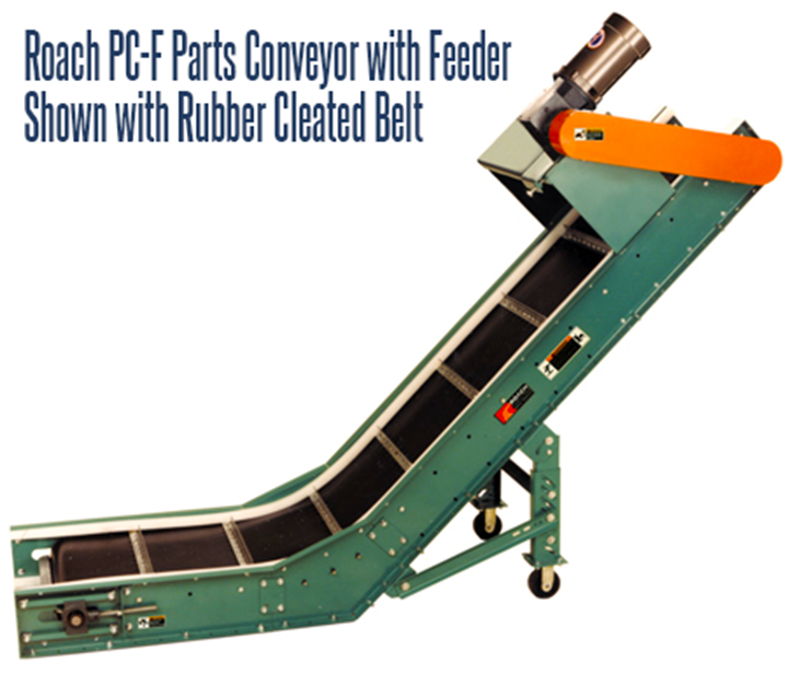 Roach Model PC-F Parts Conveyor With Feeder features a horizontal feeder section which may be stationed underneath machinery to accept parts, chips, slugs or scrap. The Model PC-F then transports such materials into hoppers, storage bins or other containers for storage, disposal or recycling