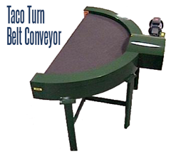 TACO Turn Belt Conveyor is a 180° curved conveyor available in both rubber and plastic belt configurations.