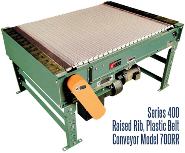 Series 400 Raised Rib Plastic Belt Conveyor Roach Model 700RR is designed for transporting, accumulating and transferring cans, bottles or other small items that are normally difficult to transfer