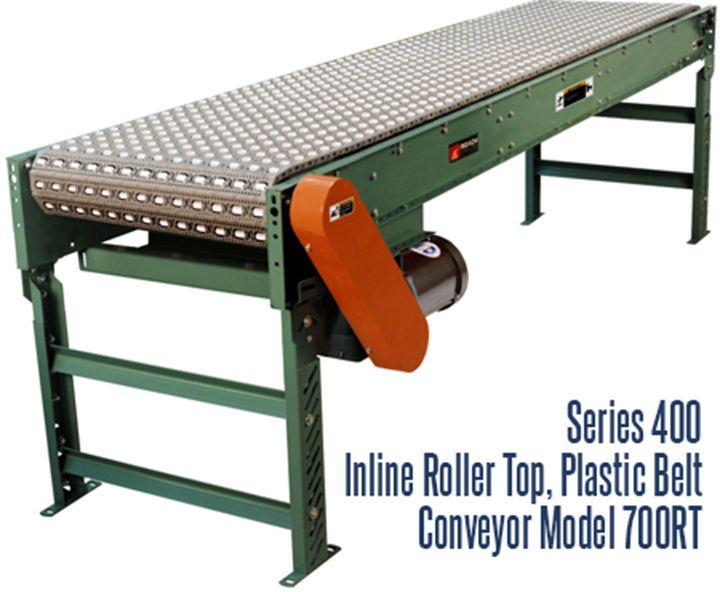 The Series 400 Inline Roller Top Plastic Belt Conveyor Roach Model 700RT is ideal for applications requiring transportation and temporary accumulation