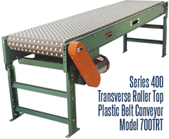 Series 400 Transverse Roller Top Plastic Belt Conveyor Roach Model 700TRT is ideal for applications requiring 90° product transfer on or off, product centering or carton rotation