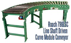 Model 796LSC Line Shaft Driven Curve Module Conveyor is an optimum solution for conveyance of light (up to 15lbs/roller) loads, at speeds of 25-120 FPM. They are designed for flat-bottomed, evenly distributed loads.