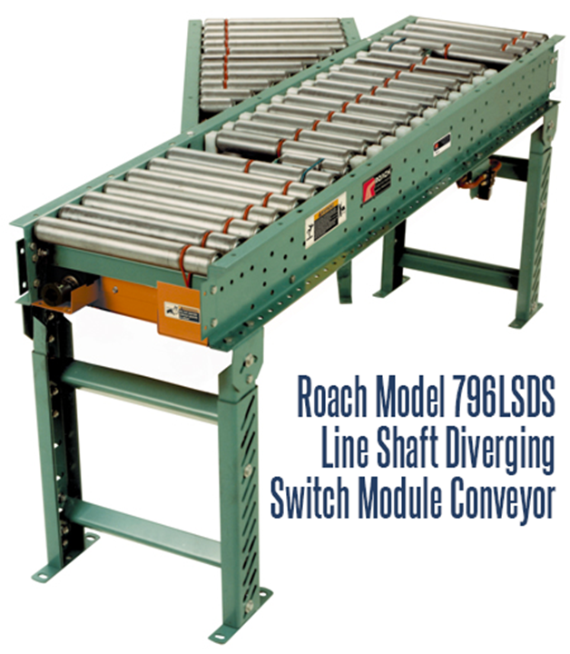 Roach Model 796LSDS Line Shaft Diverging Switch Module Conveyor is designed for flat-bottomed, evenly distributed loads, such as those found in distribution, warehousing, food packaging and parcel handling. Clean, dry, oil free environments are the ideal conditions to maximize line shaft roller performance.