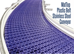 MatTop Stainless Steel Conveyor can be used in food processing applications and range from purveying of meat, processing of vegetables, and food assembly lines for pizzas, sandwiches and prepared meals.