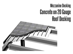 With concrete decking, you will experience the strongest and most durable mezzanine flooring available. When you use this type of deck, high point loading and capacity is not a problem. Concrete density dramatically reduces noise transmission through the floor. Concrete and steel decking is primarily for fire rating and/or chemical applications.