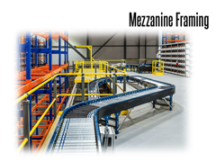 Mezzanine framing alongside a conveyor system and pallet rack storage