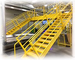 Custom stationary U-Shaped Crossover Platform allowing access around a conveyor system.