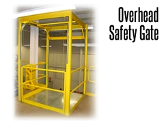 Overhead safety gates provide safe access to palleted material to and from a mezzanine or work platform.