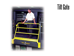 A tilt gate provides an extra measure of safety when workers are handling pallets of product on mezzanines.