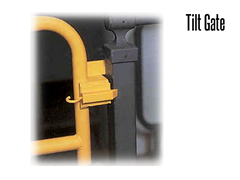 Similar to a standard pullout mezzanine gate, the Tilt Gate is equipped with spring loaded latches for quick gate removal.  