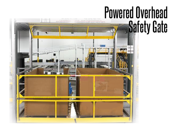 A powered overhead safety gate model uses dual, counterbalanced gates to maintain a safe environment at all times.