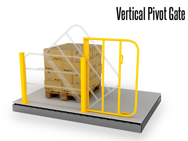 A Vertical Pivot Gate offers the ultimate solution for those pressed for horizontal clearance space. Specifically designed to operate on the vertical plane, this gate easily integrates with pick modules and mezzanine/deck surfaces.