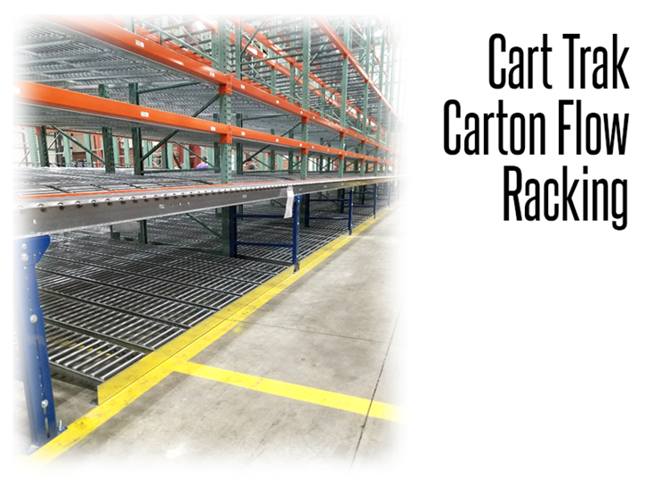 Cart-Trak's full-width roller carton flow is a heavy-duty, abuse-resistant system providing full case coverage and superior flow for consistent case and tote sizes. Tracks drop into existing pallet racking and are virtually maintenance free.