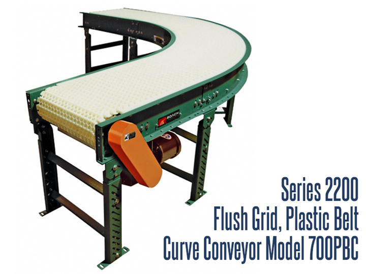 Series 2200 Flush Grid Plastic Belt Curve Conveyor, Roach Model 700PBC, is suitable for long, wide conveyor runs in applications such as packing, testing, inspecting and various assembly line operations