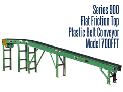 Series 900 Flat Friction Top Plastic Belt Conveyor, Roach Model 700FFT is designed for inclined and declined carton handling operations.