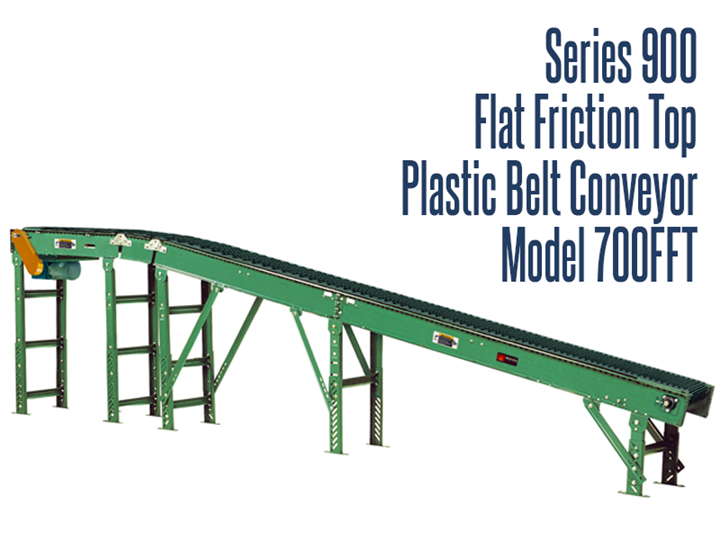 Series 900 Flat Friction Top Plastic Belt Conveyor, Roach Model 700FFT is designed for inclined and declined carton handling operations.