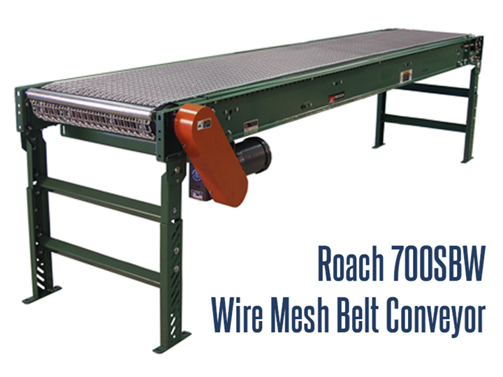 Roach Model 700SBW Wire Mesh Belt Conveyor can be used in a variety of conditions to convey hot, cold, oily, or dirty products. Model 700SBW can be used in conveying material from hot ovens, cold items from a freezer, or moving food items for baking, drying, and cooling in virtually every industry
