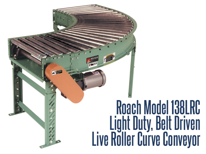 Light Duty Belt Driven Live Roller Curve Roach Model 138LRC maintains product orientation in diverting applications