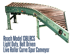 Light Duty Belt Driven Live Roller Curve Spur Roach Model 138LRCS can be used for product diversions or converging, to spur conveyor lines or for merging loads of cartons, totes, fixtures, and cardboard boxes.