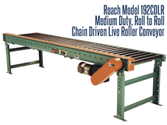 Roach Model 192CDLR is a medium duty chain driven live roller conveyor used to transport products such as totes, pans, castings, drums, and pallets for the manufacturing, food & beverage, pharmaceutical and distribution industry.