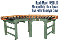 The Medium Duty Chain Driven Live Roller Curve Roach Model 192CDLRC transports medium duty unit loads which do not require product orientation. Roach Model 192CDLRC is designed to transport medium duty loads such as castings, containers, loaded pallets, totes, or drums.  It comes with a reversible drive which can be mounted on the side or underside.