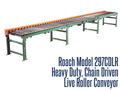 The Model 297CDLR is a very versatile conveying unit for package handling and accumulation.  It is especially suited for carrying loads in the presence of oil, dust, and other contaminants.  This chain driven live roller includes 7 gauge tread rollers and structural steel frame as standard unit features. 