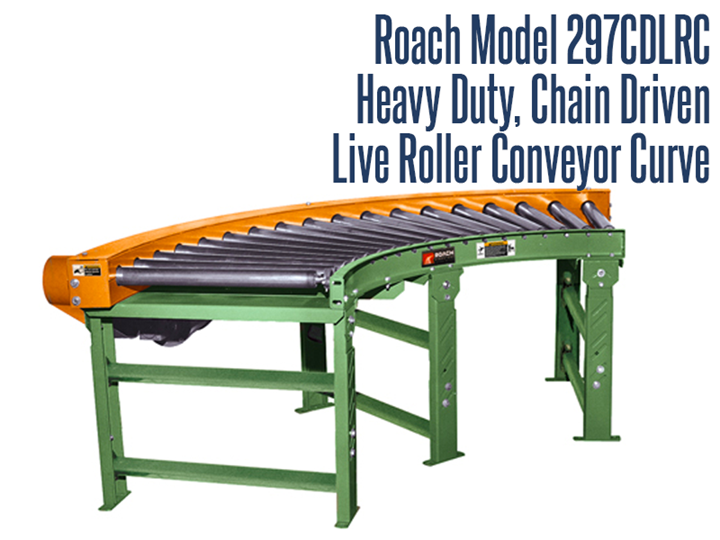 The Heavy Duty Chain Driven Live Roller Curve Roach Model 297CDLRC can transport heavy unit loads not requiring product orientation. Chain driven live roller conveyors, or pallet conveyors, are typically used to transport heavier loads at controlled speeds.