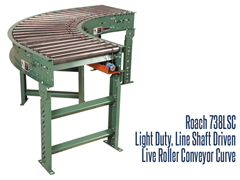 Roach Model 7338LSC, Light Duty Line Shaft Driven Curve Module Conveyor is a line shaft curve featuring tapered rollers to help product maintain orientation