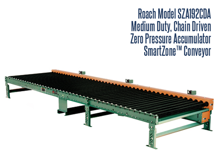 Medium Duty Chain Driven Zero Pressure Accumulator Roach Model SZA192CDA Smart Zone® is designed to safely bring together medium duty loads in 5' zones. Medium Duty Chain Driven Zero Pressure Accumulator Roach Model SZD192CDA Smart Zone® incorporates photo electric sensors, instead of sensor rollers, to detect product loads, which eliminates many problems associated with sensor rollers