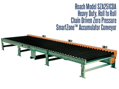 Heavy Duty Chain Driven Zero Pressure Accumulator Roach Model Sza251cda Smart Zone® is a heavy duty roll-to-roll chain driven zero pressure accumulator, designed to safely accumulate heavy products such as castings, drums, containers and heavy pallet loads in 5’ zones