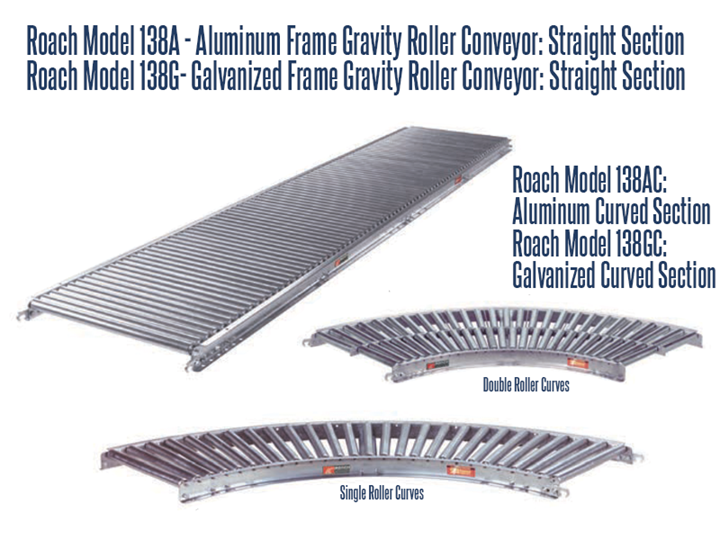 1/3-8” Dia. X 18 GA. Gravity Roller Conveyor Roach Model 138A-138G conveys loads of wire bins, canisters, barrels, wooden boxes, drums, lumber, cartons, totes, & cardboard boxes and can obtain non-contact accumulation of product