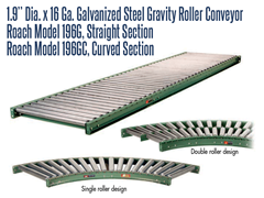 1.9” Dia. X 16 GA. Galvanized Steel Gravity Roller Conveyor Roach Model 196G has a protective zinc coating to prevent rusting and is designed to convey lightweight packages, cartons or totes