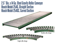 2-1/2” Dia. X 14 GA. Steel Gravity Roller Conveyor Roach Model 254S is used as transportation for cartons, packages and/or pallets.