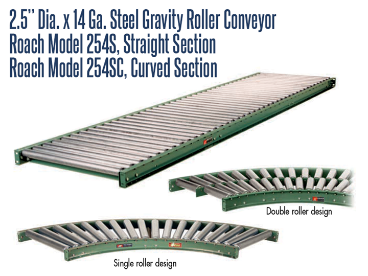 2-1/2” Dia. X 14 GA. Steel Gravity Roller Conveyor Roach Model 254S is used as transportation for cartons, packages and/or pallets.