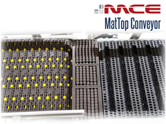 Close Up of MCE MatTop Chain Examples: Roller Chain, LBP Transfer Plate, Friction Chain