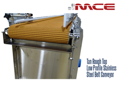 Tan Rough Top Low Profile Stainless Steel Belt Conveyor; non-marking, resistant to product slippage on inclines and declines, long wearing, reduces vibrations and impact to product during transport