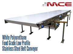 White Polyurethane Food Grade Low Profile Stainless Steel Belt Conveyor; easily cleaned, suitable for food contact, will not transfer odor or color contamination to food products, belt doesn't sink, reducing water pooling and bacterial growth