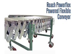 Close up of Roach Powerflex power conveyor featuring expandable and retractable, flexible configuration