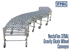 The NestaFlex® 376 AL/FL Gravity Skate Wheel Conveyor is a heavy duty expandable and flexible conveyor ideal for loading and unloading trucks and trailers. It can bend or flex to configure to areas that a straight, fixed conveyor may be unsuitable for use. This conveyor is often used in areas requiring temporary conveyance such as shipping and receiving.
