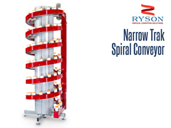 Ryson Narrow Trak Spiral Conveyor is a space saving verticle conveyor. One of the many benefits of spiral inclines or decline conveyors are pick module merging and accumulation