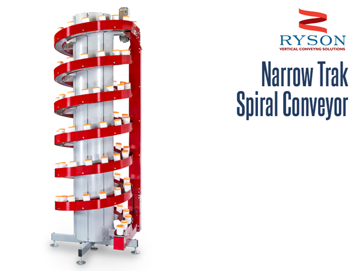 Ryson Narrow Trak Spiral Conveyor is a space saving verticle conveyor. One of the many benefits of spiral inclines or decline conveyors are pick module merging and accumulation