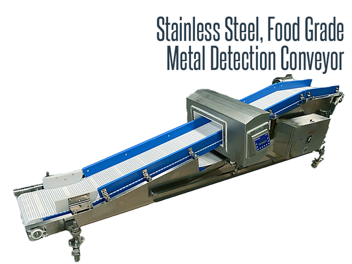 Stainless steel, food grade and washdown safe metal detection conveyor.