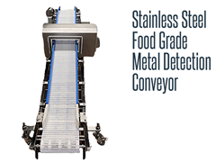 Stainless steel, food grade and washdown safe metal detection conveyor.