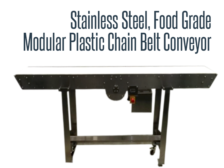 Stainless steel, food grade, and wash down safe modular plastic chain belt conveyor. 