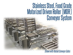 View of a stainless steel MDR conveyor system with conveyor gates in upright position