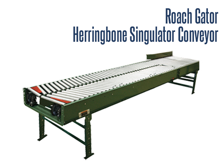 The Roach Gator Herringbone Singulator Conveyor receives product randomly and discharges them in a single file. Once in a single file, your carton, box, bottle, can etc. can be properly presented so labeling, check weighing, metal detection, etc. can occur