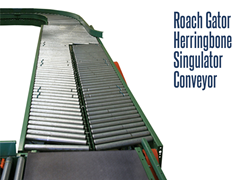 The Gator Singulator Conveyor randomly receives product and discharges them in a single file for labeling or metal detection.