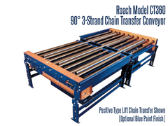 The Roach Model CT360 Chain Strand 3-Strand 90° Conveyor has a positive type lift chain transfer.